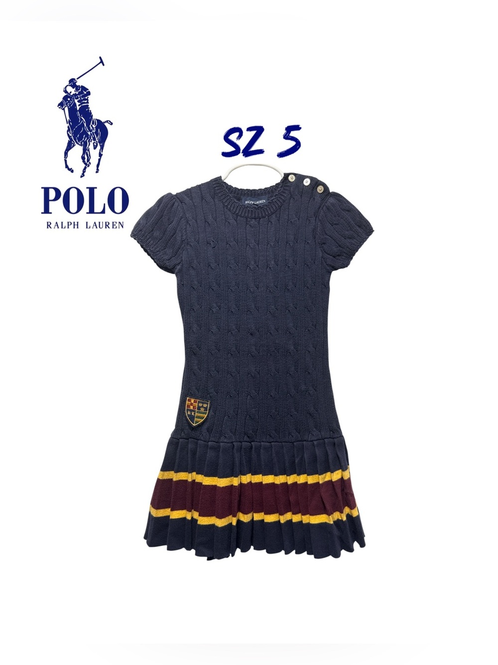 Polo by Ralph Lauren Navy Cable-Knit Dress with Burgundy & Yellow Stripes Sz 5